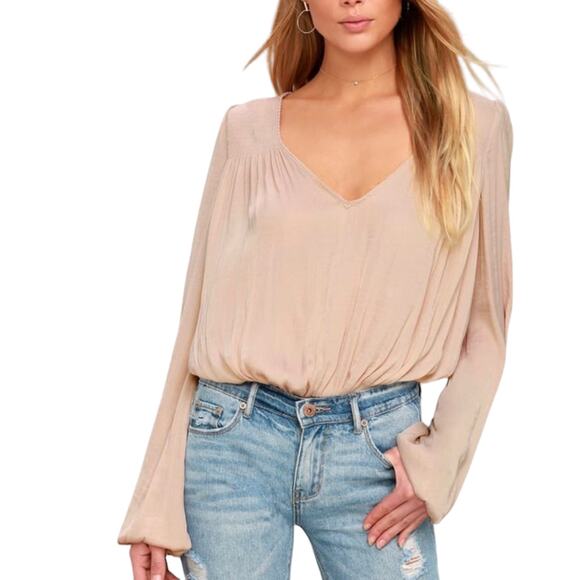 Intimately Free People Womens Bodysuit Blouse Smockin N Rockin Large Deep V Neck - Picture 1 of 10